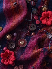 A vibrant collection of diverse buttons, beads, and floral fabric details resting on rich blue and pink textiles. 
