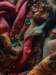 Bright buttons and metallic beads are hidden within the folds of an intricately woven paisley pattern. The luxurious fabric features detailed embroidery and a multitude of multicolored threads.