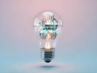 A glowing light bulb containing intricate gears and circuits, symbolizing mechanical intelligence and innovative thought.
