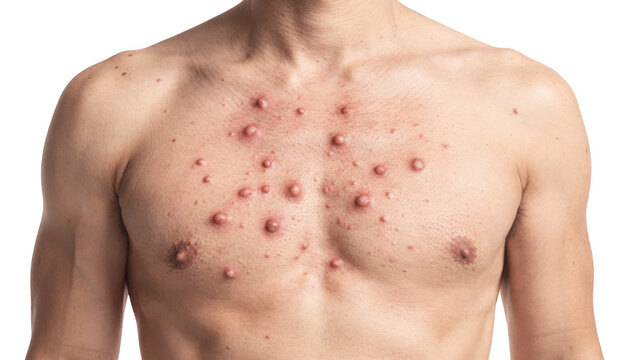 Closeup of a neutral torso displaying multiple papules over the chest area on a white background highlighting anterior distribution of skin lesions.