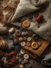 A vintage buttons and threads rests on rustic textured fabric swatches. The arrangement highlights various natural material textures and neutral colors, suggesting a creative, earthy craft project.