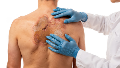 Standing patient with exposed upper back shows visible skin plaque as a dermatologist with gloved hands gently inspects the affected area for texture changes and signs of