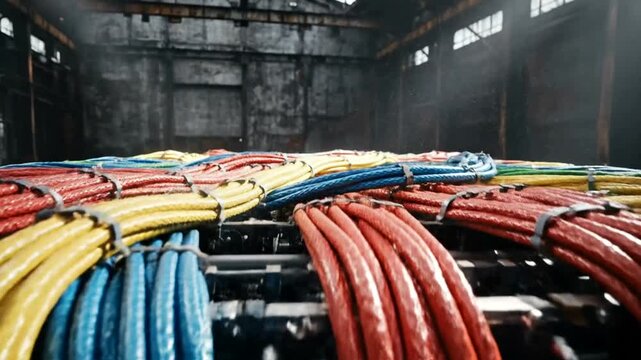 Colorful cables intertwined in an industrial setting with soft lighting effects
