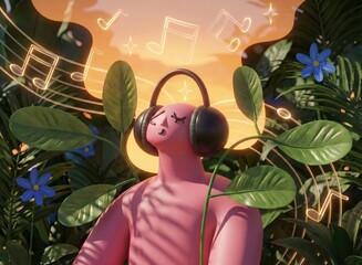 3D Stylized Figure Listening to Music in Nature with Headphones
