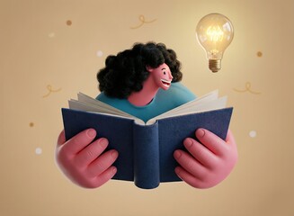 3D Cartoon Illustration of Girl Reading Book with Bright Idea