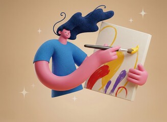 3D Stylized Female Artist Painting on Canvas with Brush
