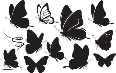 Silhouette of various butterflies isolated on transparent background