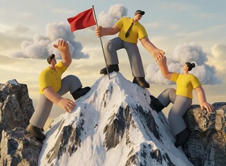 3D Cartoon Illustration of Team Reaching Mountain Peak with Flag