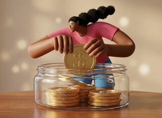 3D Cartoon Illustration of Woman Saving Money in Glass Jar