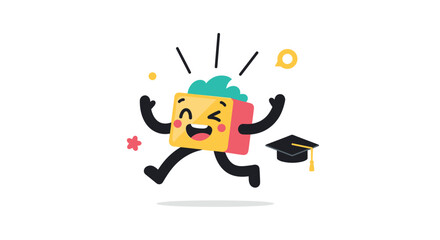 Fototapeta premium Happy and excited cartoon character running with arms raised, celebrating an accomplishment near a graduation cap.
