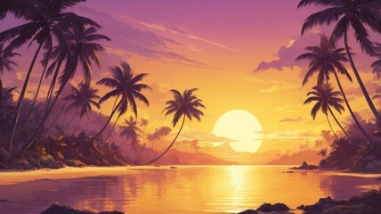 Landscape of paradise tropical island beach, sunrise sunset view. Exotic scenery, palm trees, soft sand and calm sea. Summer beach landscape, vacation or tropical travel sunset colors clouds horizon