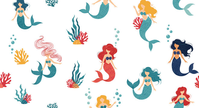 Cute seamless pattern featuring diverse mermaids with various hair and tail colors, surrounded by vibrant coral, seaweed, and bubbles.