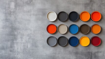 Colorful round containers on gray background