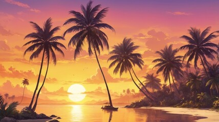 Landscape of paradise tropical island beach, sunrise sunset view. Exotic scenery, palm trees, soft sand and calm sea. Summer beach landscape, vacation or tropical travel sunset colors clouds horizon