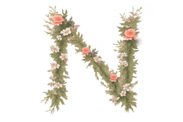 Floral Letter N with Transparent Background for Creative Composition
