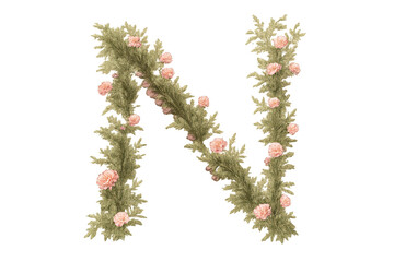 Floral letter N illustration with transparent background design asset