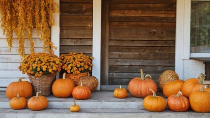 Autumn is depicted with pumpkins and autumn leaves on the porch of a wooden house.