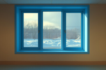 Fototapeta premium Serene winter scene viewed through modern blue window