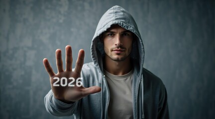 Caucasian man showing stop gesture with 2026 numeric text on palm. Future concept of stopping or changing plans for next years.