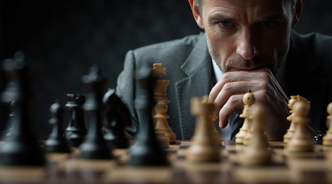Man in suit thinking intently during a chess game, his hand to his chin, representing strategic business planning and critical decision-making.