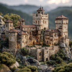 Fototapeta premium Medieval Castle on Rocky Hillside Landscape.
