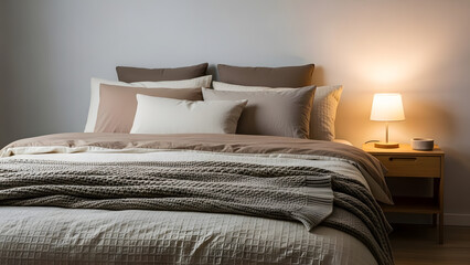 Bright cozy bedroom with warm bedside lamp and layered pillows creating comfortable and welcoming atmosphere for rest and quality sleep