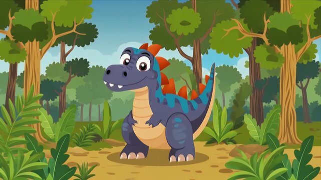 A cute cartoon blue and orange dinosaur smiles happily standing in a vibrant lush jungle environment