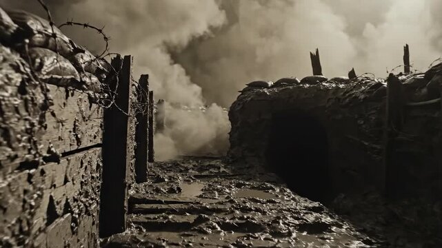 Low angle cinematic dolly shot moving slowly along an empty, muddy, generic trench line shrouded in thick, heavy, atmospheric battle smoke and fog hostile territory, low angle, gritty texture