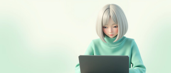 Young woman with short, light hair sits focused on laptop, wearing cozy sweater. soft background creates calm atmosphere