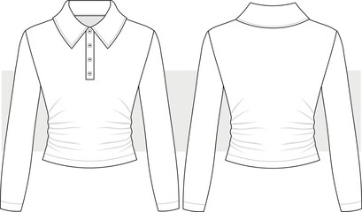 Women's polo shirt with gathered sides, technical fashion illustration. Long sleeve shirt drawing template, front and back view vector. CAD, mockup set.