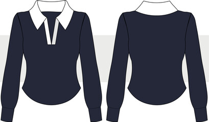 Women Polo Shirt technical fashion illustration. Long Sleeve Shirt drawing template, front back view vector. CAD, mockup set.
