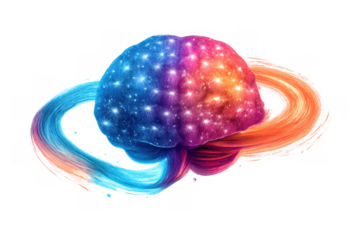 Human brain glowing with neural connections and cosmic energy, creativity, intelligence, and imagination concept, transparent background