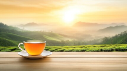 Sunrise tea on wooden table