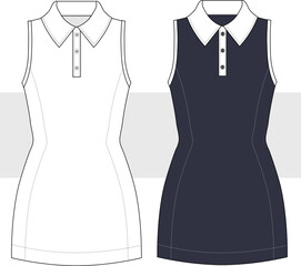 Polo Collar Dress Technical Fashion Drawing, illustration. Sleeveless Tennis Dress Flat Sketch Vector. CAD mockup.