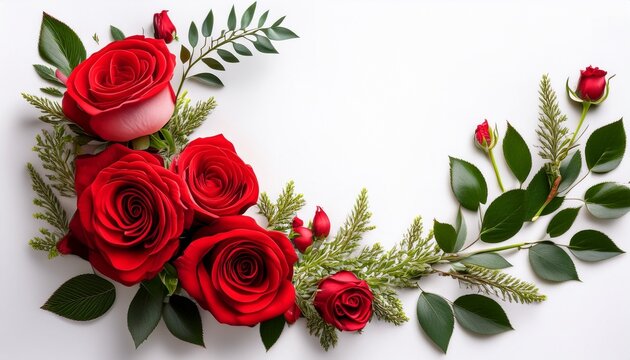 Isolated Corner Floral Arrangement Featuring Red Roses Buds And Greenery On A White Background