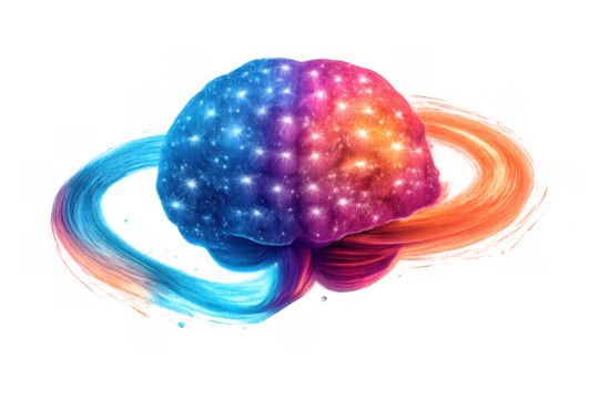 Human brain glowing with neural connections and cosmic energy, creativity, intelligence, and imagination concept, transparent background - Powered by Adobe