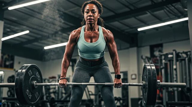 Determined athlete performing intense barbell deadlift in modern gym