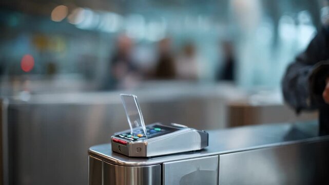 Medium shot of RFID card holder waving device near a reader at airport security checkpoint for seamless entry