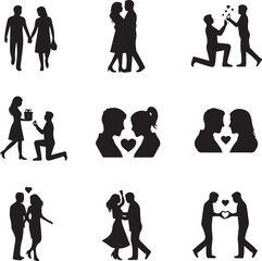 Obraz premium Romantic Couple Silhouette Set: Proposal, Dating, and Love Concepts for Wedding and Valentine's Day
