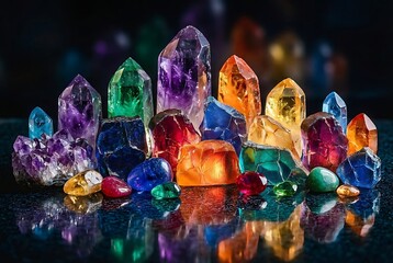 Vibrant assortment of raw tumbled gemstones and healing minerals in a rainbow of colors