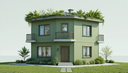 Modern green two story house with flat roof features lush rooftop greenery and multiple balconies, surrounded by well manicured lawn and various plants, creating serene atmosphere