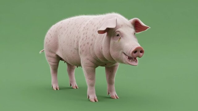 A realistic side-view illustration of a healthy pink domestic pig standing on a solid green background.