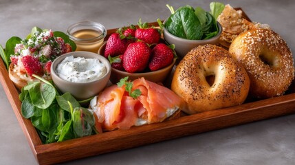 A stunning brunch spread showcases bagels adorned with creamy cheese and smoked salmon, complemented by vibrant strawberries and fresh spinach. Ideal for a cozy gathering