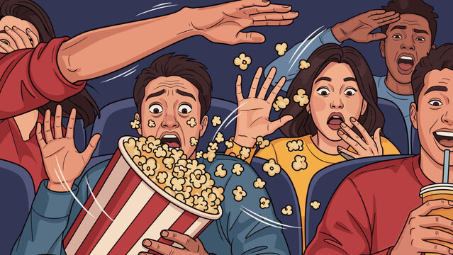Shocked Audience Screaming and Spilling Popcorn While Watching Horror Movie in Cinema.