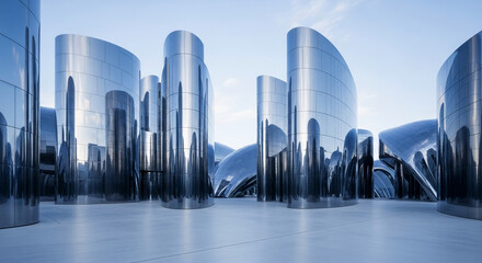 Reflective metallic structures on a polished floor, creating a modern architectural scene showcasing sleek design and innovative form