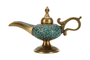 Antique Golden Blue magical Lamp Isolated on Transparent Background, Vintage Lighting Design