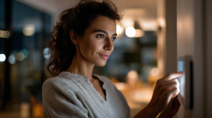 Faceless young woman using smart home touch screen artificial intelligence technology on wall connected appliances device monitoring energy security heating system digital home