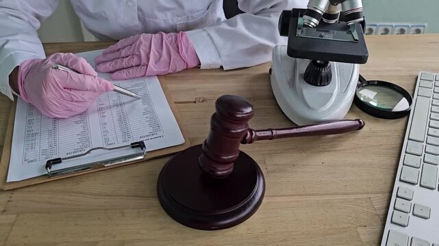 Lab technician checks samples and records data with gavel and microscope present in forensic science setup
