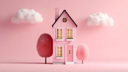 Miniature Pink House with Trees and Clouds.