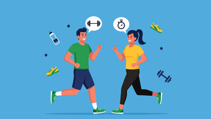 Young couple jogging together with fitness equipment around them